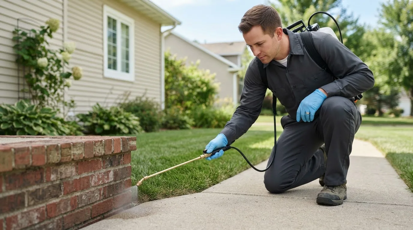 Pest control technician treating a home near Sanbornville, NH